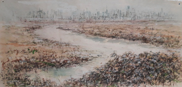 a breanch of the Hudson River, 2017, conte, watercolor on hanji, 56x 95cm.jpg