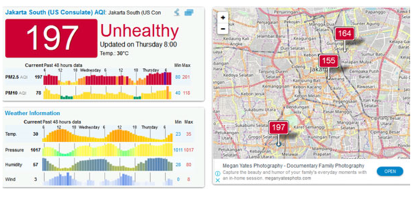 2019년 7월28일 AQI 자카르타 대기오염 지수 197로 나와 있다..png