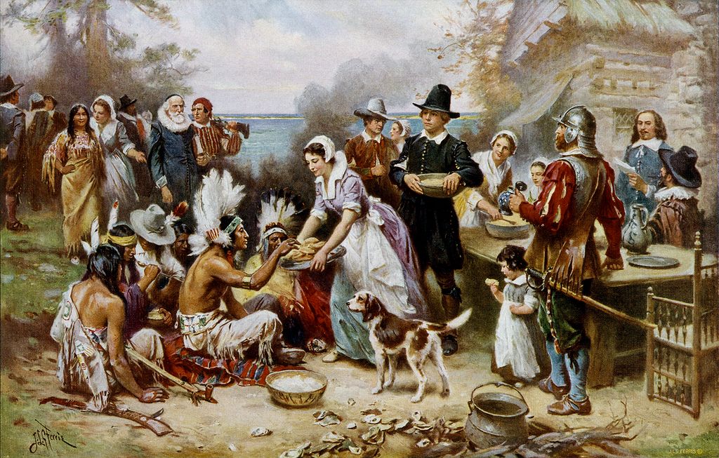 The First Thanksgiving 1621 oil on canvas by Jean Leon Gerome Ferris 1899. Pilgrims did not wear such outfits, and the Wampanoag are dressed in the style of Native Ameri.jpg