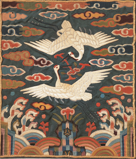 Rank badge (hyungbae) with double cranes for first- to third-rank civil official. Korean, Joseon dynasty (1392-1910). Silk_ embroidered. 20.8 cm (width) x 23.2 cm (height). The.jpg
